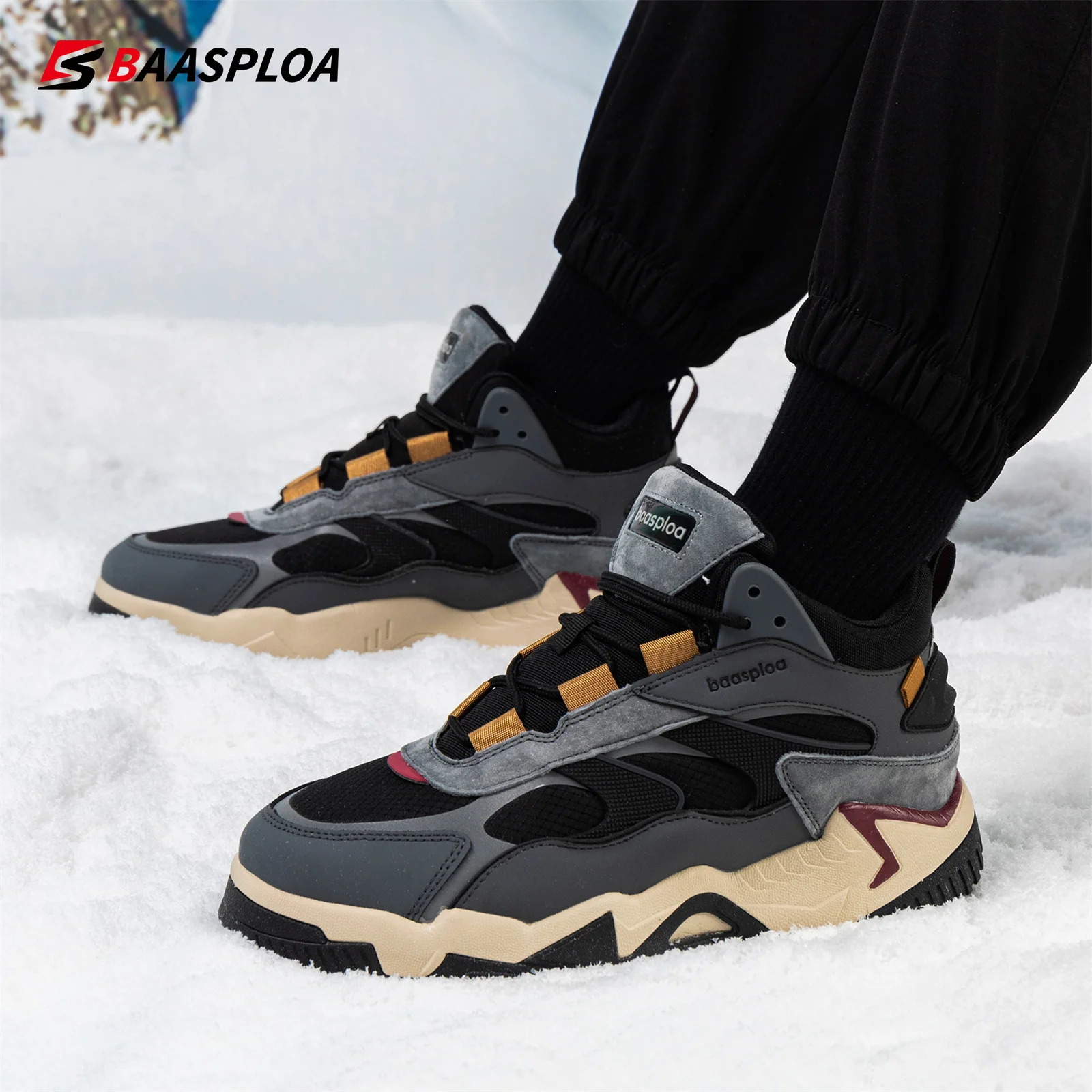 Baasploa Men Winter Sneakers Leather Waterproof Sport Shoes for Men Comfort Plush Warm Male Sneakers Non-Slip Free Shipping