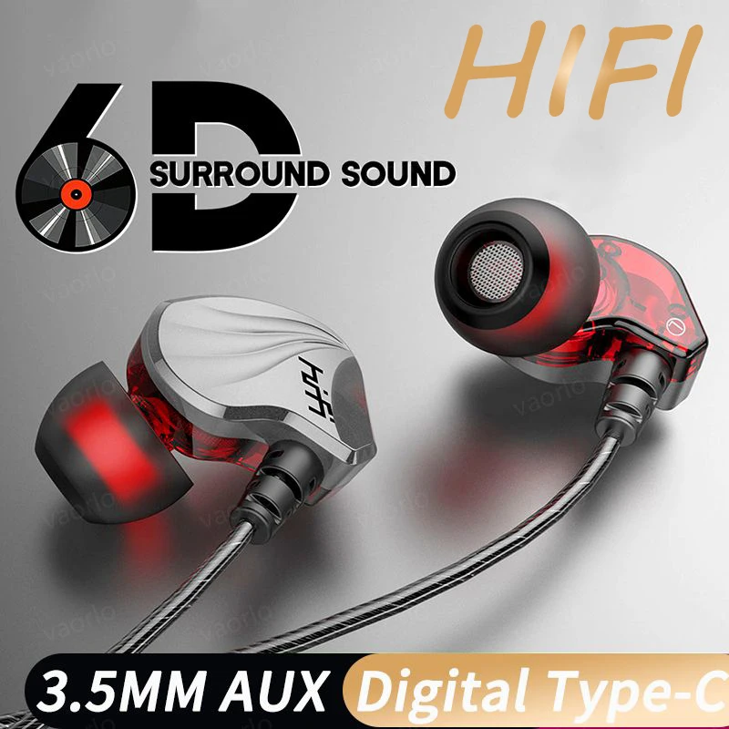 HIFI 6D Surround Bass in-Ear Wired Headphones 3.5mm Type C Earphone Sports Gamer Waterproof Headset Handfree Earbuds For Samsung