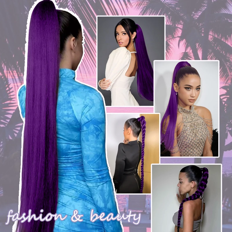 32inch Purple Hair Ponytail Extensions Wig Super Long Claw Clip Straight Ponytail Party Highlights for Women Christmas Party Use