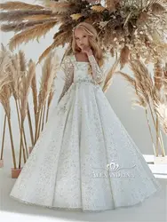 Elegant Ivory Square Collar Flower Girl Dresses A Line Appliques Beading Boho Kids Birthday Party Dress