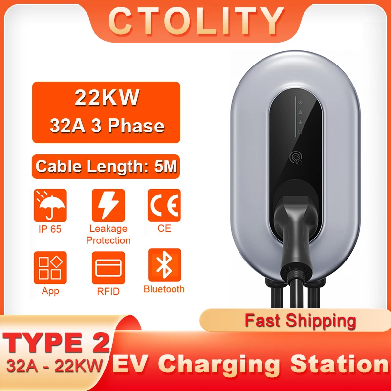 

EV Charger Electric Vehicle Car Charger EV Charging Station EVSE Wallbox 32A 22KW 3 Phase Type2 5M Cable IEC62196-2 APP Control