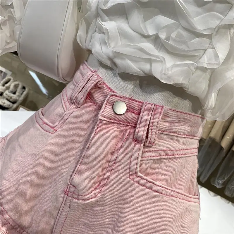 Ripped Tassel Edge Pink Denim Shorts Woman 2022 Summer New High Waist Wide Leg Slimming Fashion All-Match Jeans Hot Pants levis 501