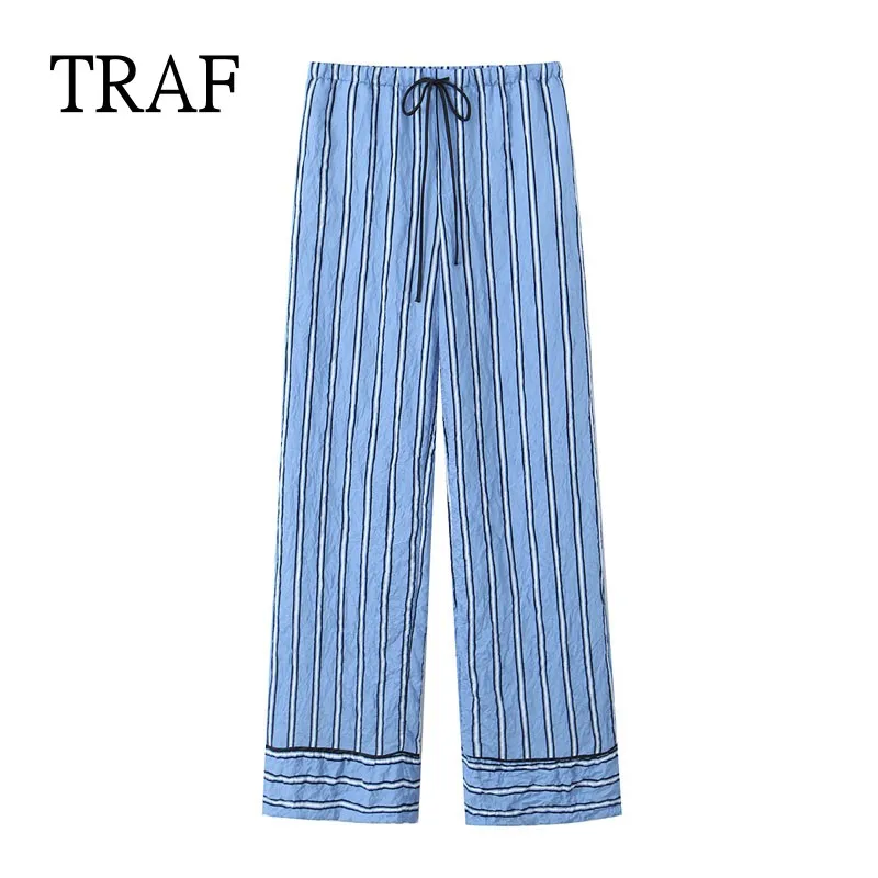 

Брюки TRAF женские в полоску, модные штаны с рюшами и шнуровкой, свободные пижамы с широкими штанинами, лето 2024