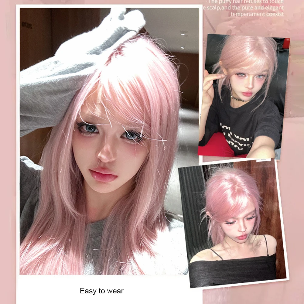 1Pc Pink Synthetic Medium Curly Hair Wig Female Long Hair Full Head Set Cos Simulation Long Straight Daily High Temperature
