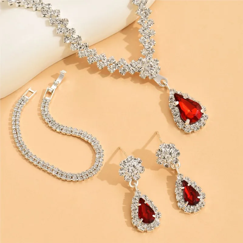 Trendy Water Drop Rhinestone Necklace Bracelet Earrings Jewelry Set for Women Delicate Statement Bride Wedding Jewelry Gifts