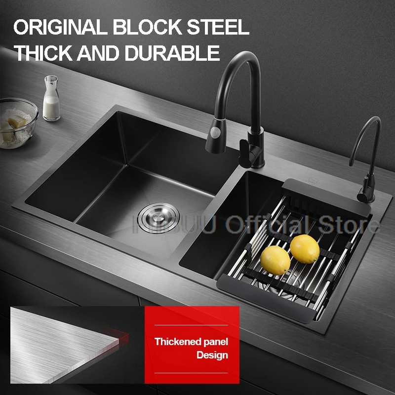 Black Nano Double Bowl Kitchen Sink 304 Stainless Steel Large Capacity Thicken Farmhouse Workstation with Multiple Accessories