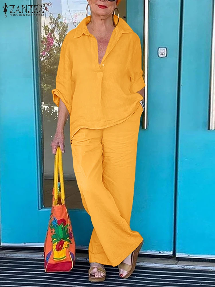 

ZANZEA Elegant Women Matching Sets Fashion Lapel 3/4 Sleeve Blouse Wide Leg Pants Urban Tracksuits Vintage Causal Cotton Suit