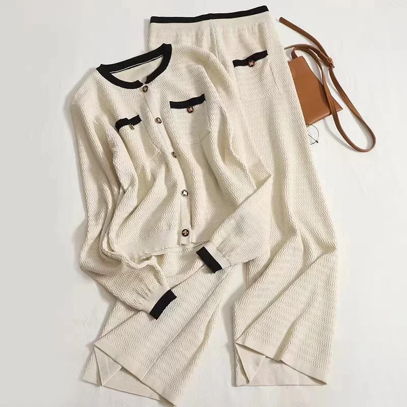 

Korean Fashion O-neck Single-breasted Cardigan Women+wide Leg Pants Knitted 2 Piece Sets Womens Streetwear Loose Pant Suits N505