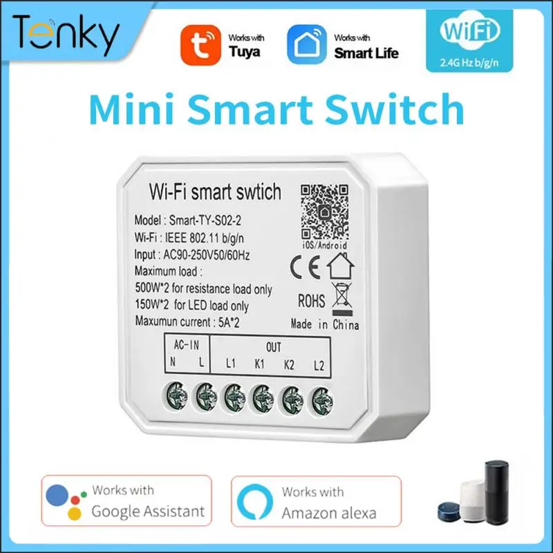 

Tenky Tuya WiFi Mini Smart DIY Light Switch Module 1/2 Gang Tuya Smart Life APP Remote Control Work With Alexa Google Home