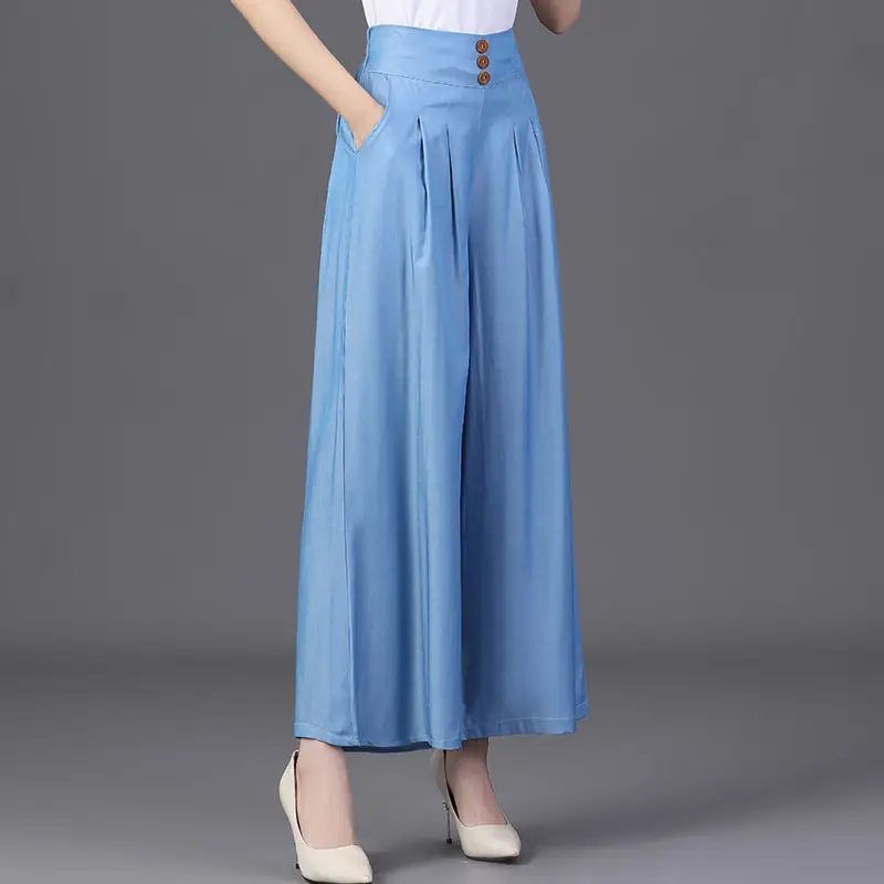 Simplicity Casual Summer Solid Pants Ice Silk Women's Elastic Waist Pockets Button Fashion High Waist Wide Leg Ankle Trousers