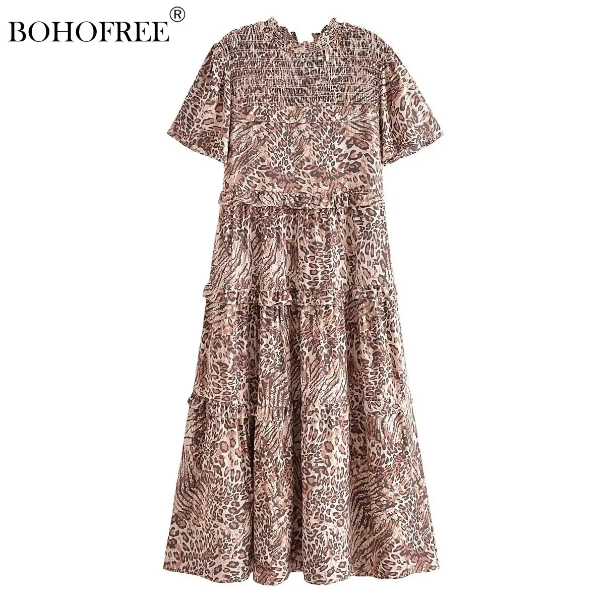 

Vintage Chic Animal Leopard Print Maxi Hippie Beach Dress Boho Vestidos Short Sleeve Rayon Cotton Women's Casual Occasion Dress