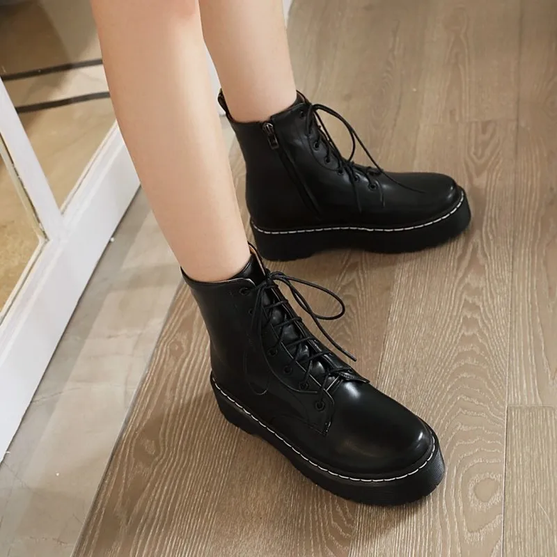 winter The New fashion British style Thick bottom Lace boots black Beige brown Round head Handsome High heels Women boots