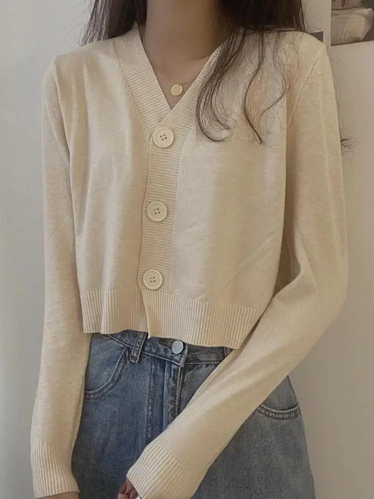 بلوفر نسائي بأزرار وأكمام طويلة ورقبة V ، كارديجان محبوك ، بلوزة قصيرة ، ملابس نسائية ، ملابس الشارع النحيف ، أحادي اللون ، الخريف ، الشتاء 3