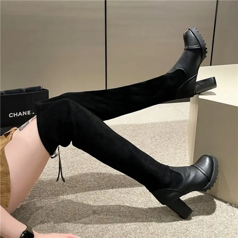 New Faux Suede Female Heels Autumn Zipper Elastic Knee-high Boots for Women Tube Lace-up Thigh Gigh Boots Black Botas Mujer 2024