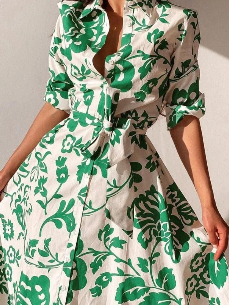 New Printed Short Sleeve Women's Lapel Short Sleeve Dress Shirt Style Casual Button Cardigan Lace Up Medium and Long Skirt