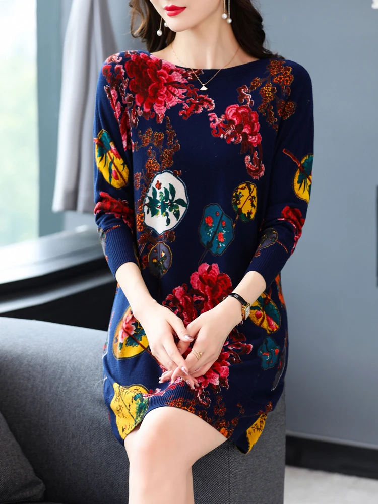 

Floral Print Sweaters Dress Autumn Casual Long Sleeve Top Pullovers Knitwear Jumper Pull Chinese Style Long Sweater Women