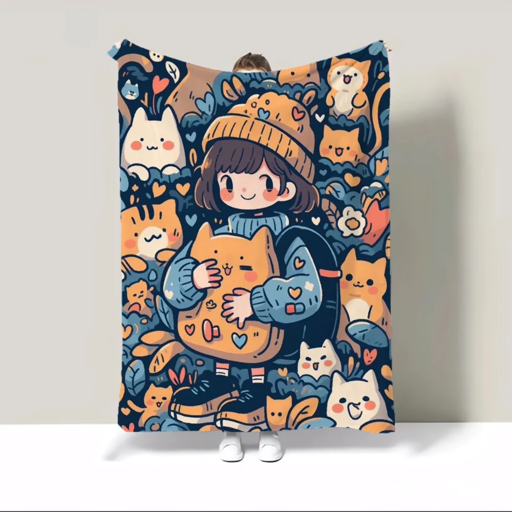Cute Girl With Cats Throw Blanket King Size Custom Blankets & Throws Home Interior Fluffy Plaid Luxury Bedding Beach Towel Knee 3