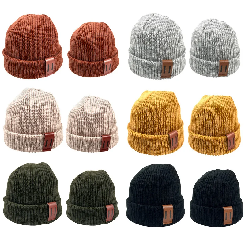 2PCS/LOT Mom Baby Hat for Boy Girl Knit Hat 8 Colors Solid Color Kids Beanie Cap for Adult Children Family Matching Caps