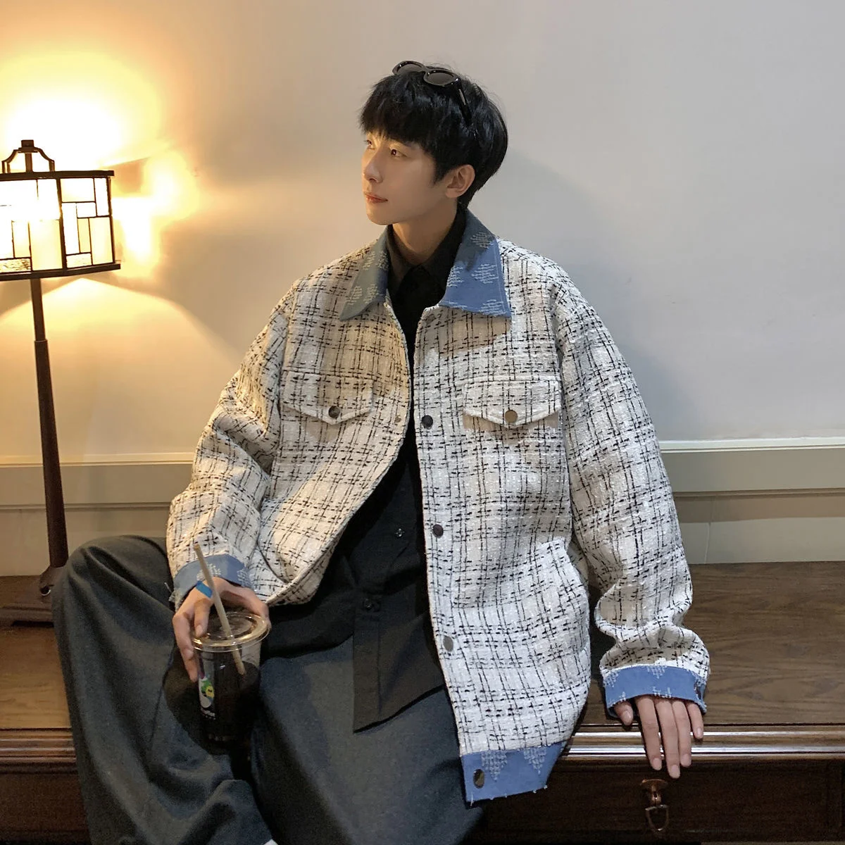 

2022 Men's High-quality Denim Collar Stitched Plaid Printing Coat Loose Streetwear Casual Jackets Clothing Black/white Outerwear