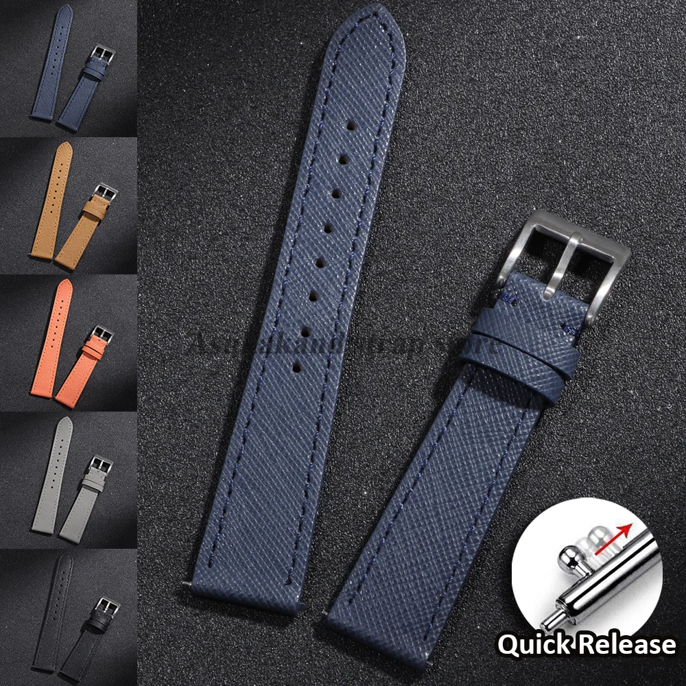 Vintage Stitched Saffiano Leather Watch Strap - Premium Grade Quick Release