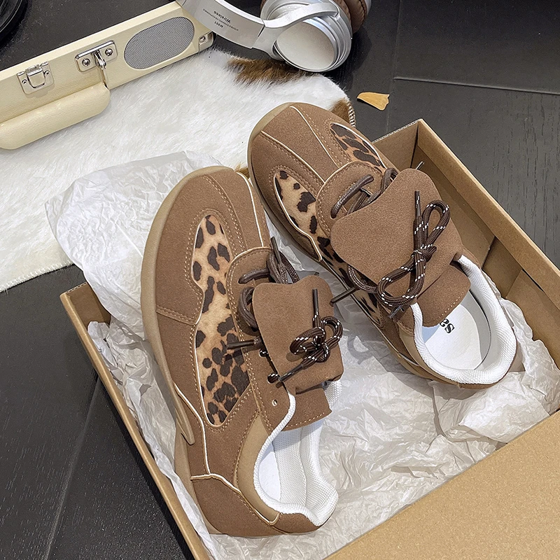 Leopard Brown Vintage Vulcanized Shoes Letter Printed Sports Falts Patchwork Lace-up Streetwear Sneakers Casual Shoes For Women 4