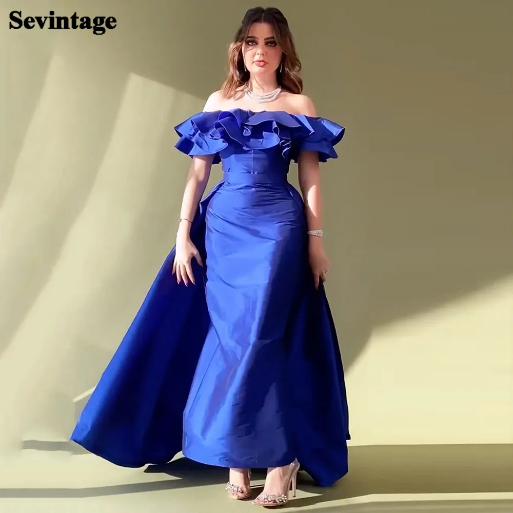 

Sevintage Royal Blue Mermaid Saudi Arabia Evening Dresses Off The Shoulder Ruffles Prom Party Gowns Formal Women Evening Gowns