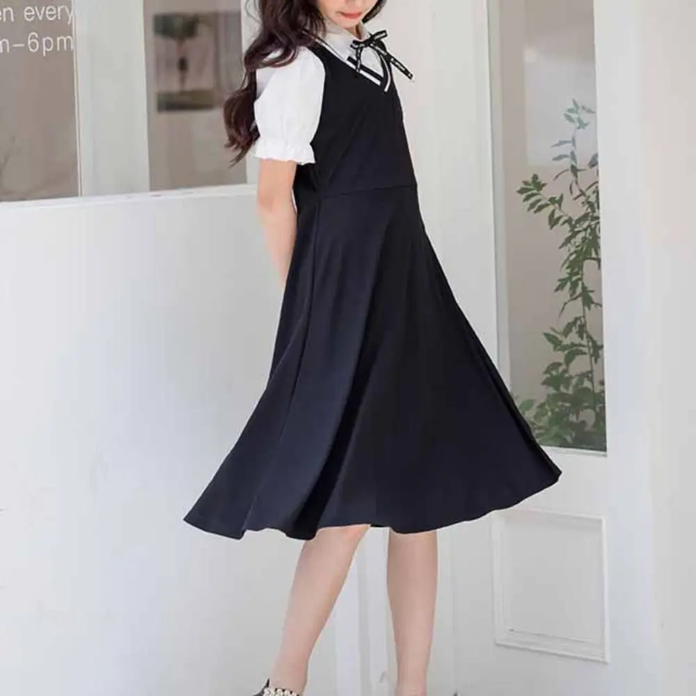 Pleated Girls False Two Dress Preppy Style Short Sleeve Summer Dresses Beach Vacation Teenagers Children A-line Dress Party