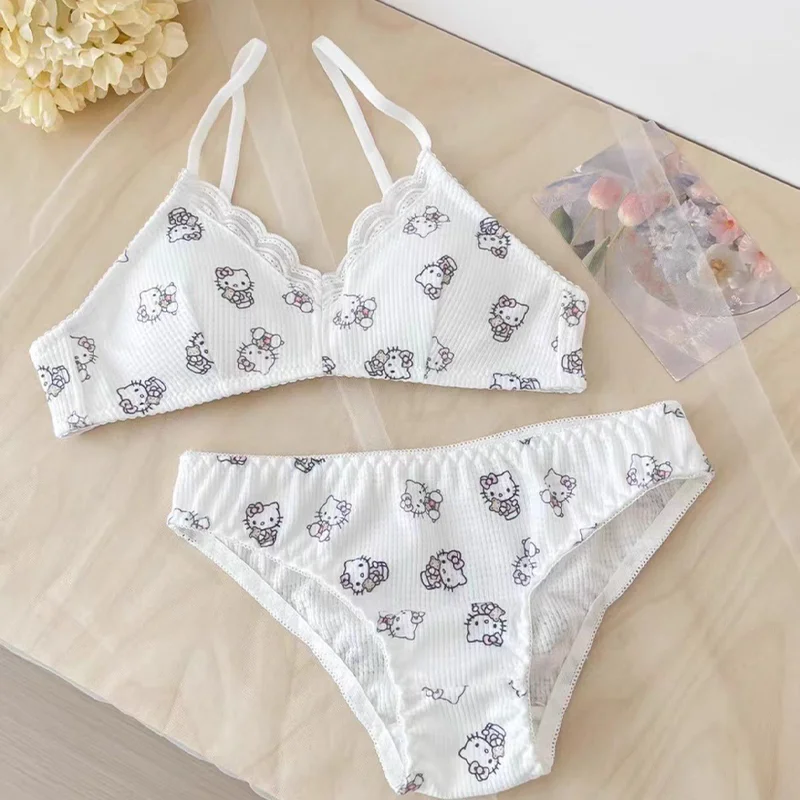 Y2K Hello Kitty 2Pcs Underwear Set Sanrioed Women Anime Kawaii Cotton Small  Breasts Bra Underpants Cartoon Student Sweet Girl