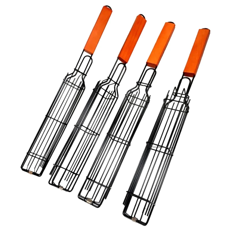 

4Pcs/Set Portable BBQ Grilling Basket Stainless Steel Barbecue Grill Basket Tools Mesh Kitchen Tools Barbecue Rack Iron+Wood