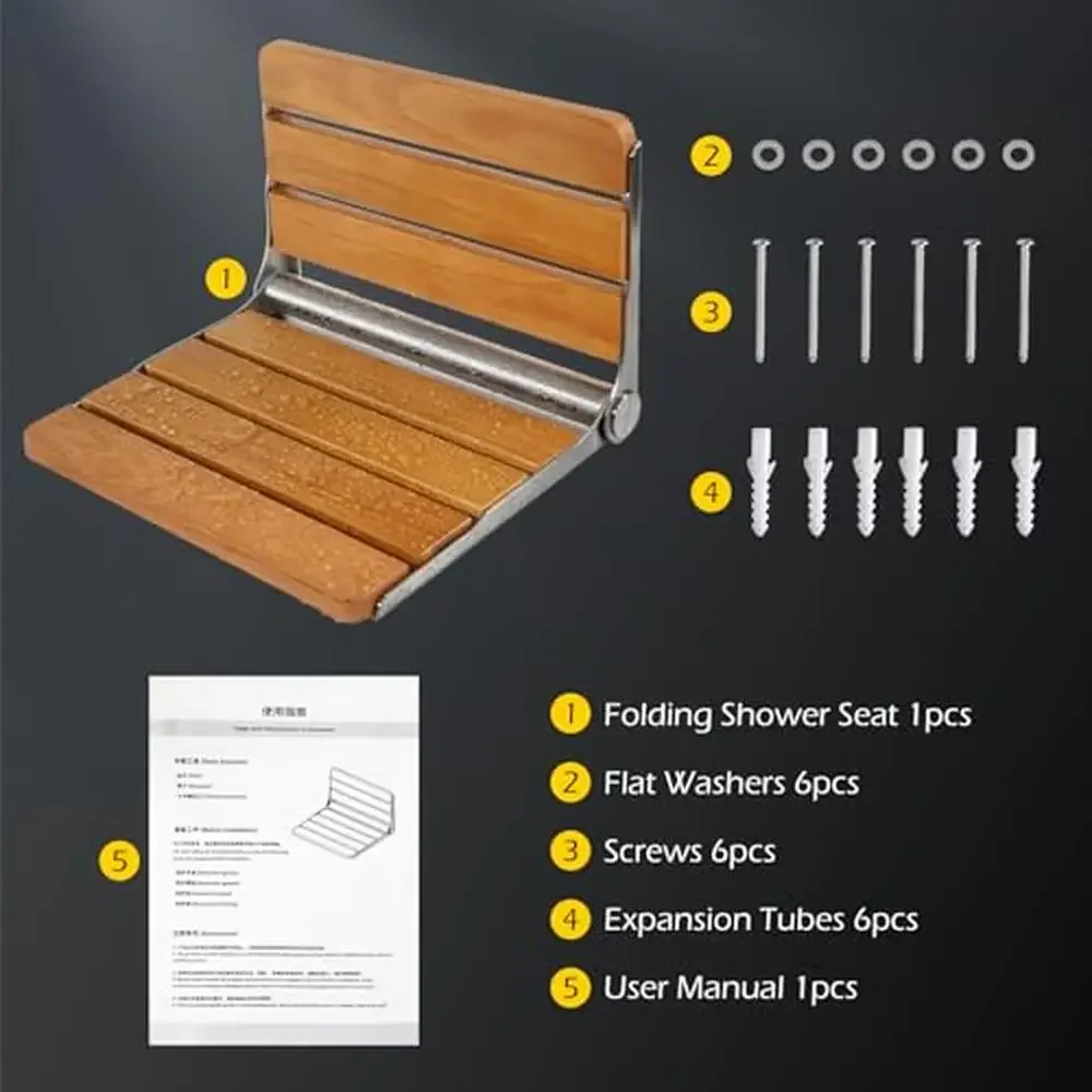 Wall Mounted Folding Shower Seat 400lbs Load-Bearing Rust-Proof Solid Wood Stainless Steel Bathroom Chair Foldable Sauna Bench 5