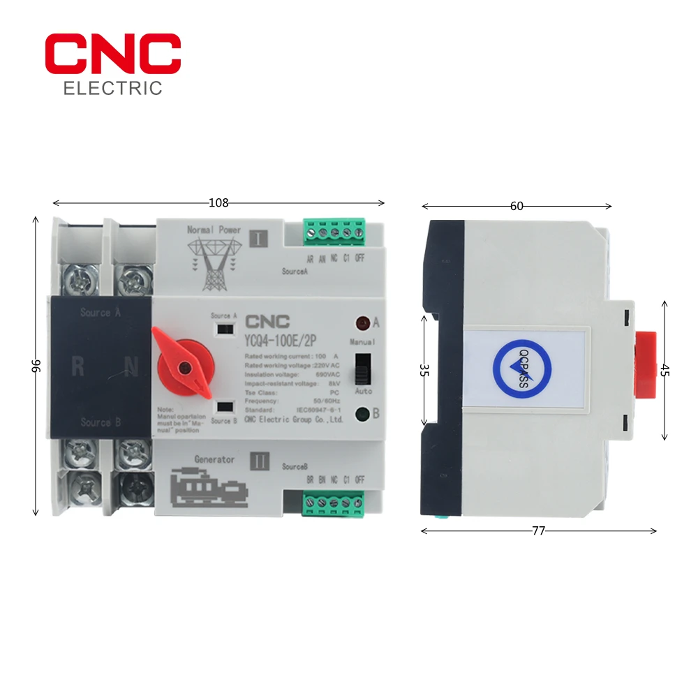 Transfer Switch CNC YCQ4-100E 2P 3P 4P Din Rail ATS Dual Power Automatic Electrical Selector Uninterrupted Power