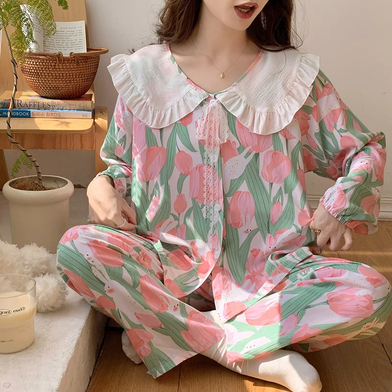 Long Sleeved Pants Pajamas Suit Round Neck Doll Collar Cardigan Nightie French Princess Style Lace Ribbon Cotton Silk Home Wear