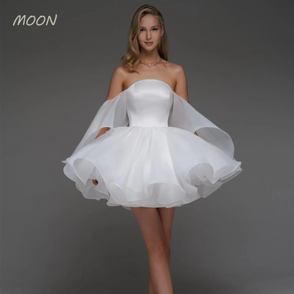 

Moon Strapless sleeveless skirt pleated satin backless cocktail ball dress Girl graduation party formal evening dress