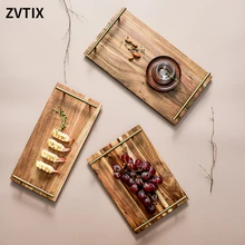 

Decorative Solid Wood Tray With Handle Square Acacia Wood Pallet Dessert Fruit Plate Household Items Kitchen Material Cutlery
