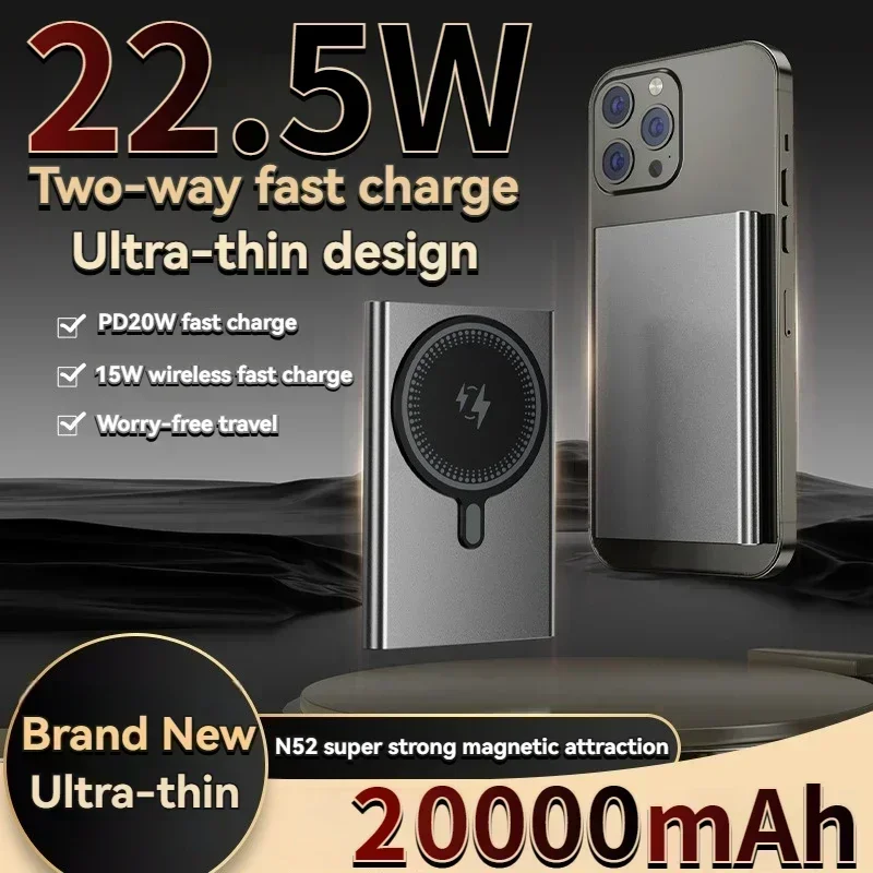 Ultra Thin Wireless Magnetic Power Bank External Power Bank Dual Fast Charging Suitable for iPhone Magsafe 20000mAh PD20W,power bank,wireless power bank