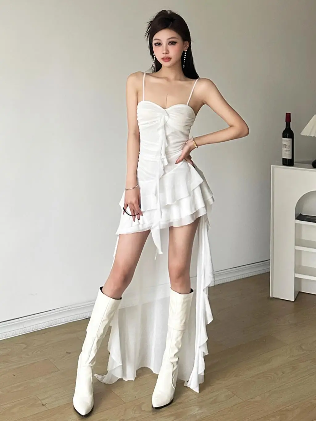 Y2K Irregular Ruffles Spaghetti Strap Summer New Midi Dresses for Women Birthday Party Dress Club Prom Robe Sexy Vestidos Mujer