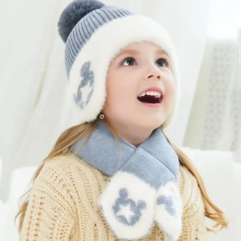 Kids Winter Hat And Scarf Baby Warm Ribbed Kint Hat Set Child Girls Boys Cotton Lnner Layer Ear Protection Cap Scarves 1-6T