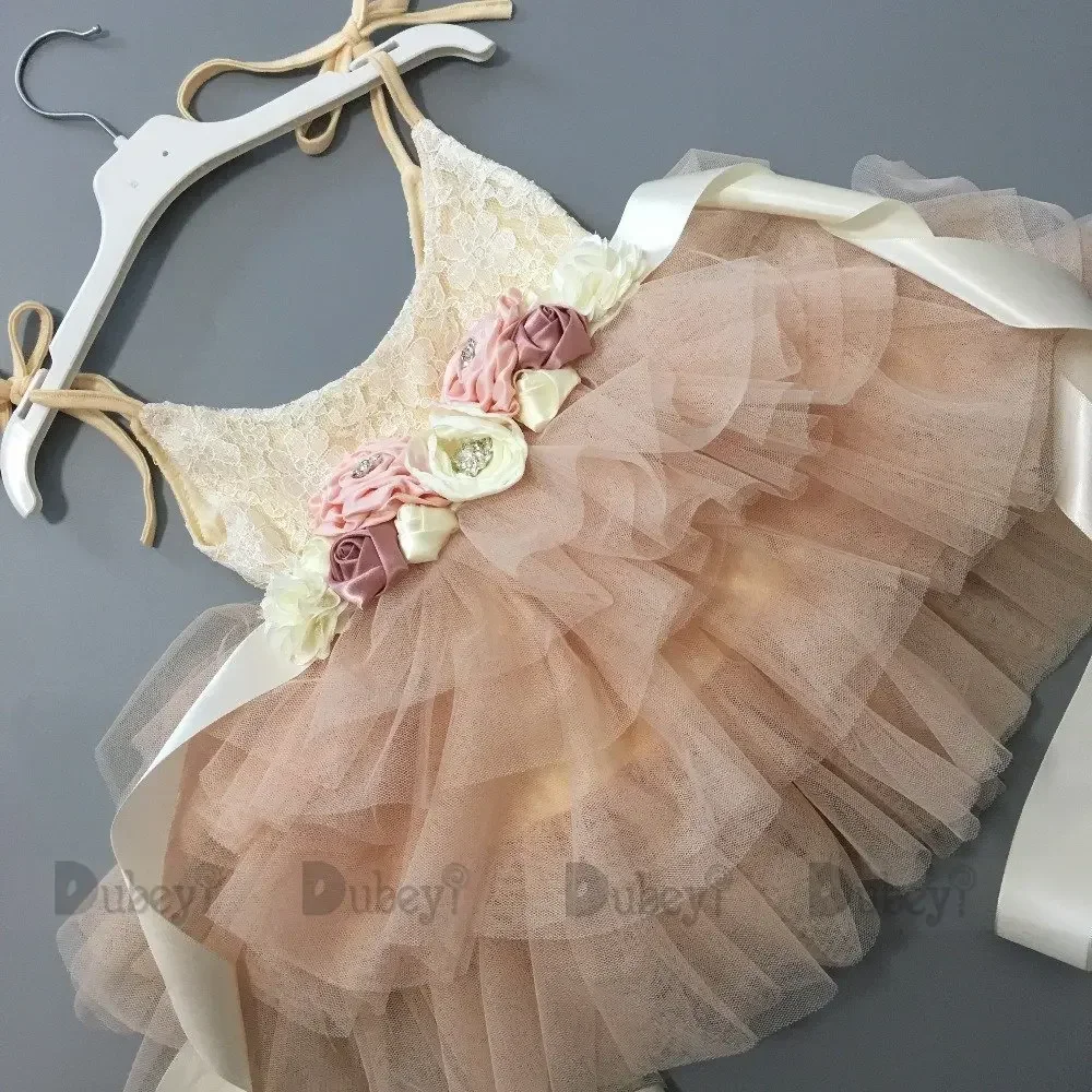 Beautiful flower girls wedding dress children party tutu gown for kids children flowers sashes princess sling summer dress