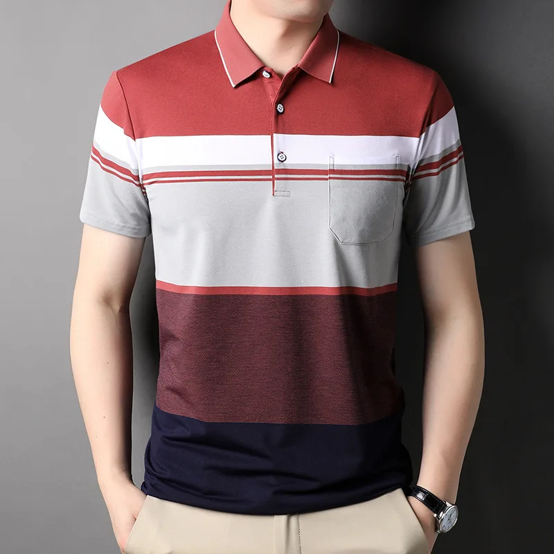 Summer New Short Sleeve Polo Shirt Men Panelled Lapel Button Pocket Patchwork Korean Smart Casual Fashion Loose Striped Thin Top