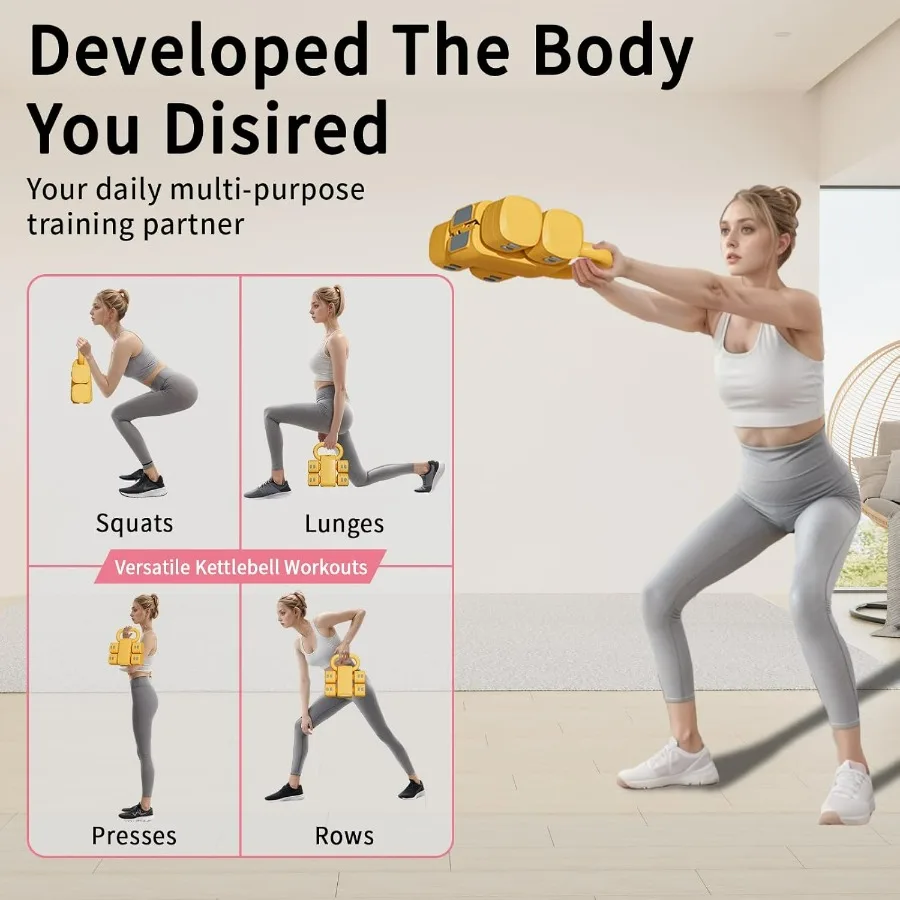 Adjustable Kettlebell Set, 4-in-1 Free Weight Kettlebell sets (5.5lbs 7.7lbs 9.9lbs 12.1lbs) for women, Weight Dumbbell Set of 2