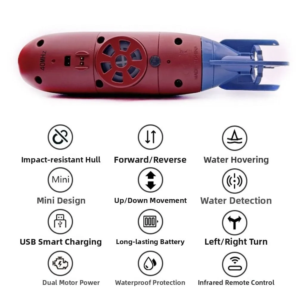 Enfant utilisant la télécommande 40MHz pour diriger le mini sous-marin RC bleu dans une piscine