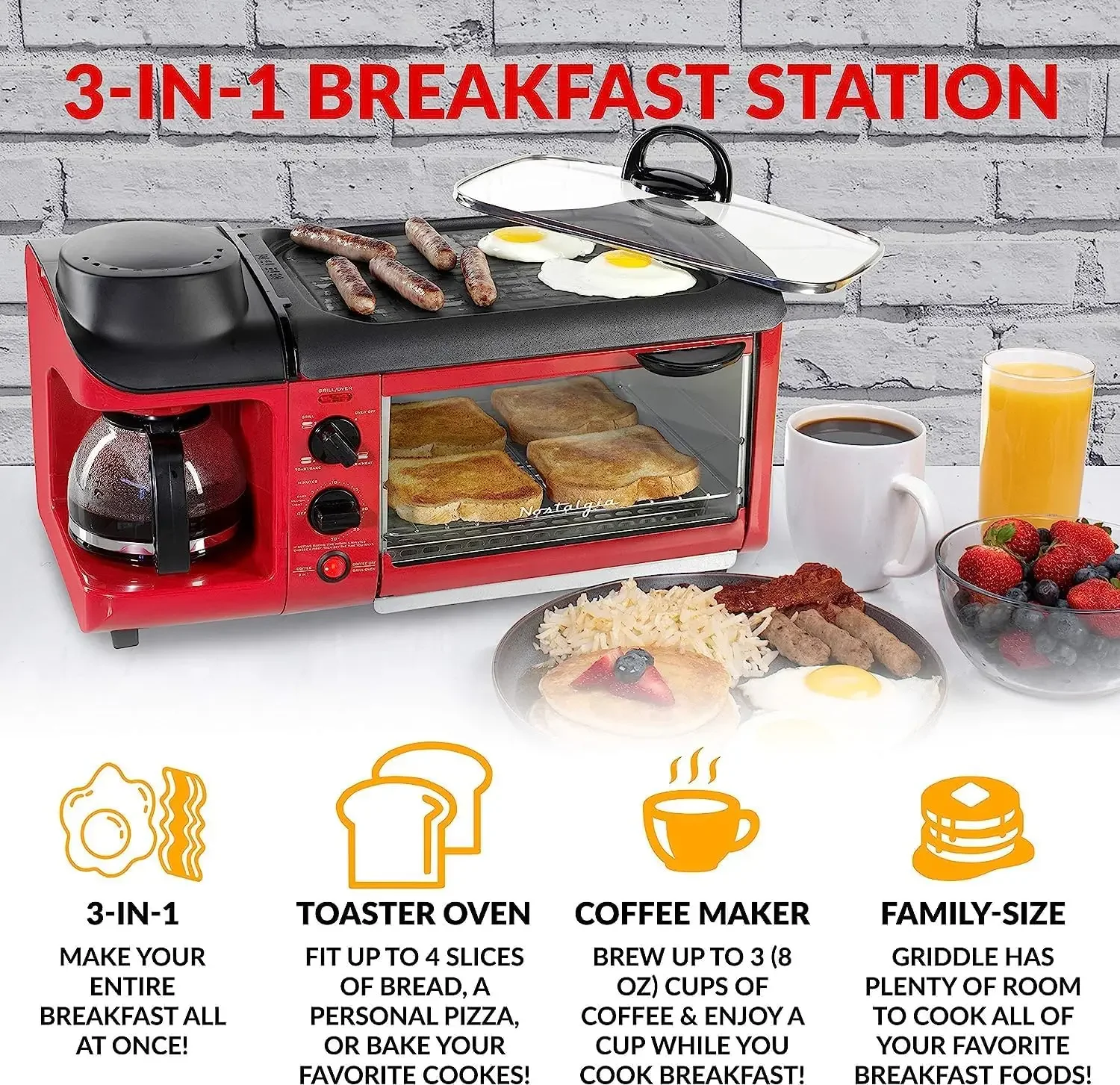 3-in-1 Breakfast Station -Includes Coffee Maker Non-Stick Griddle and 4-Slice Toaster Oven - Versatile Breakfast Maker 2