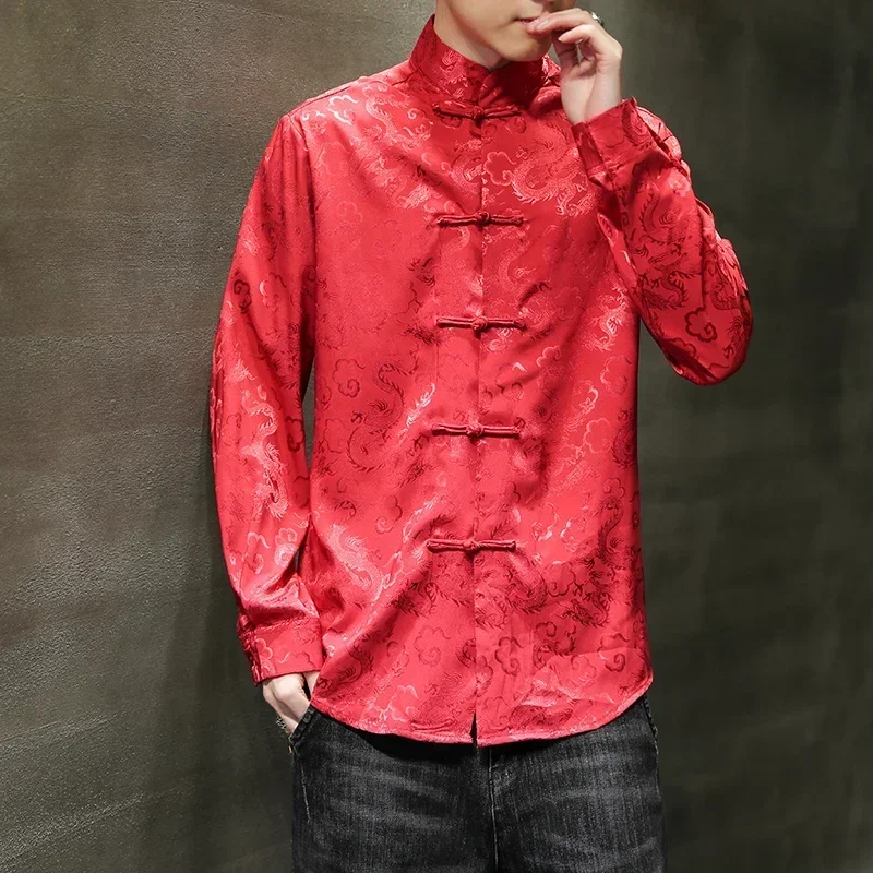 Men Chinese Style Shirt Buckle Elegant Tang Jackets Silver Mandarin Collar Blouse Red Chinese New Year Clothes Big Size Blue Satin Silk Shirts for Mens hanfu jacket