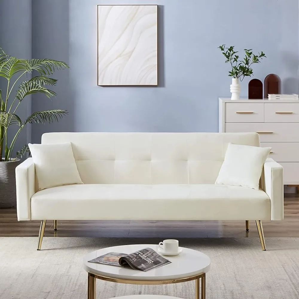 

Velvet Futon Sofa Bed, 73-inch Sleeper Couch with 3 Reclining Angles, Living Room Loveseat Sofa Two Pillows (Cream White Velvet)