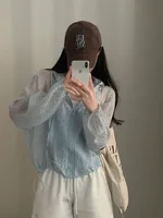 Polka Dot Printed Long Sve Women's Summer Fre Sle Anti UV Hat Jaet Korean Loose Fit Bubble Sve Zipper Closure o... - Image 5