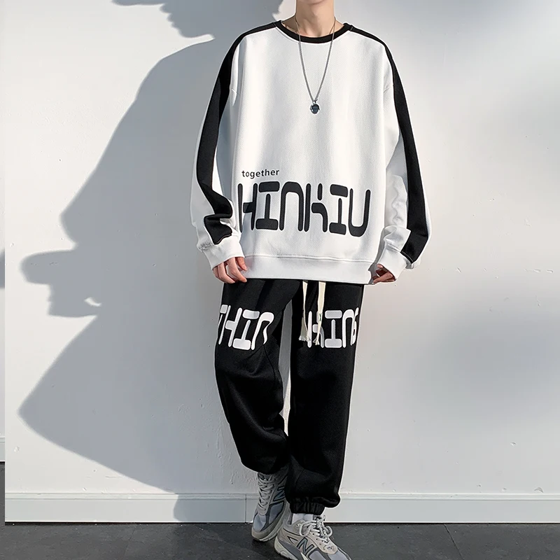 2024Spring Autumn New Men Waffle Two-Piece Casual Loose Long Sleeve and Pants O Neck Solid Color Running Pants casual sports Set