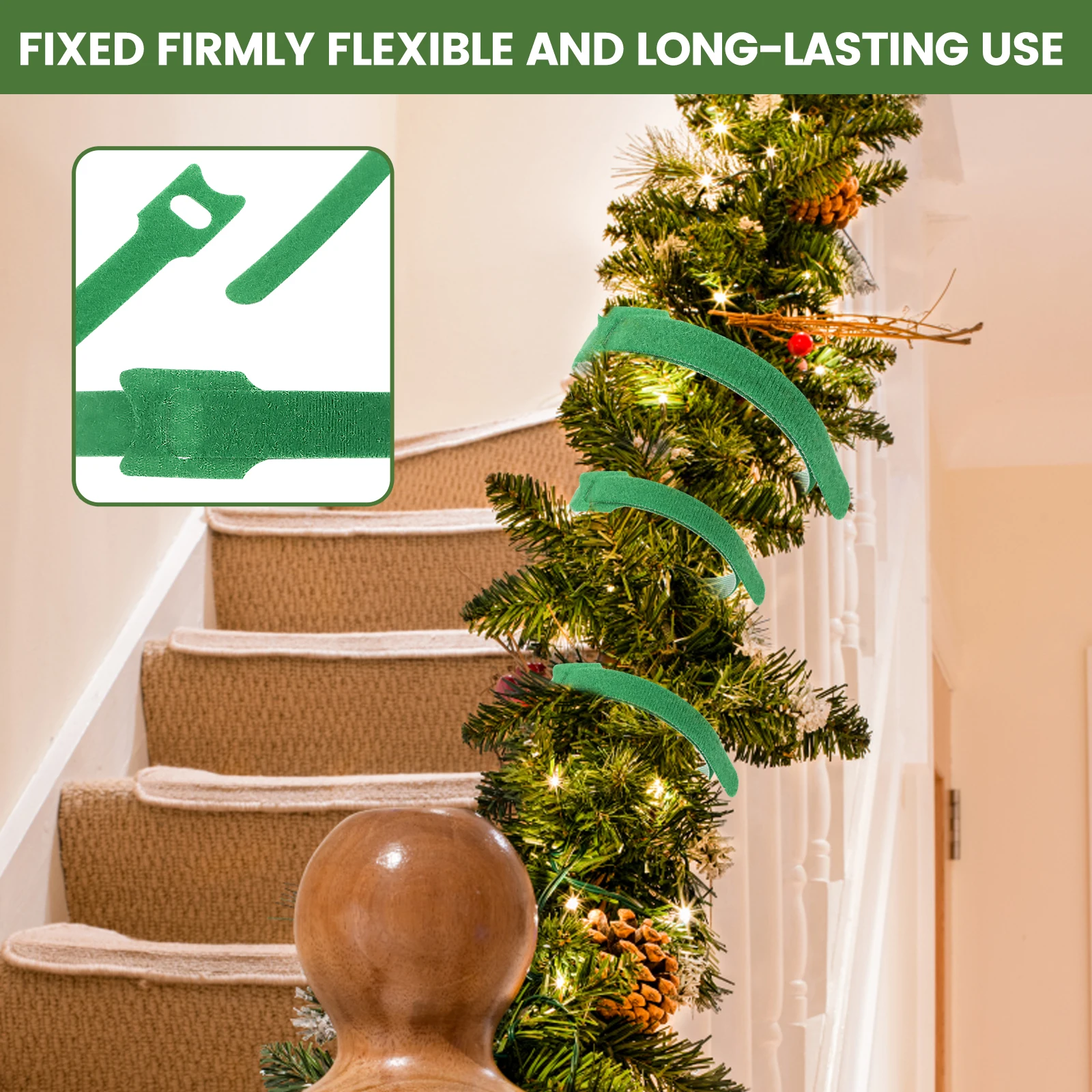 100PCS 12inch Reusable Green Hook and Loop Plant Cable Ties Holiday Plant Straps Polyester Ties for Wreath Garland Xmas Tree