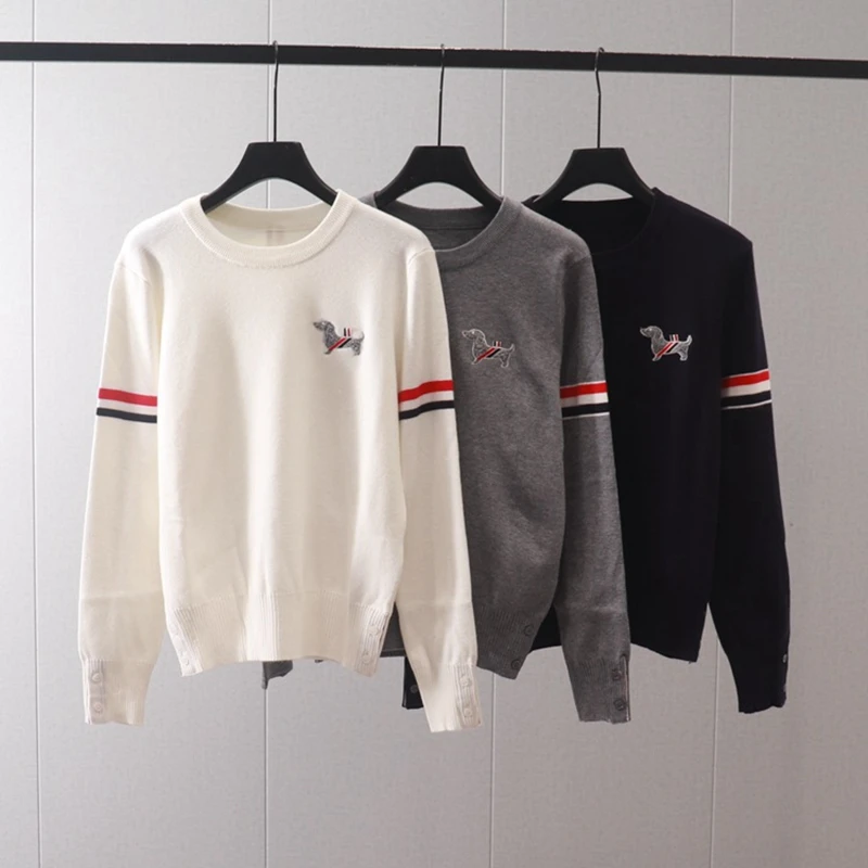 

Autumn and Winter New TB Double Sleeve Ribbon Chest Dog Patch Round Neck Pullover Long Sleeve Knitted Bottom Sweater