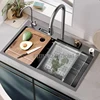 Waterfall Kitchen Sink Topmount Single Bowl Wash Basin Stainless Steel Workstation with Drain Accessories Knife Holder Faucet 1