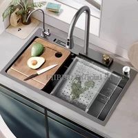 Waterfall Kitchen Sink Topmount Single Bowl Wash Basin Stainless Steel Workstation with Drain Accessories Knife Holder Faucet 1